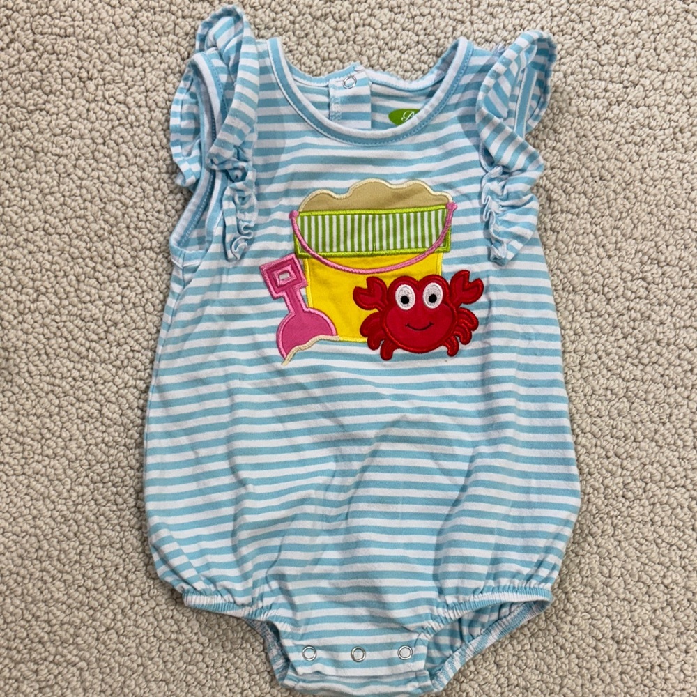 Blue Striped Baby Romper with Crab Design